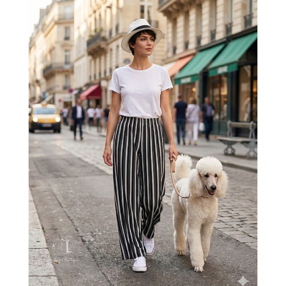 KATHY Women’s Black & White Vertical‎ Stripe Wide-Leg Palazzo Pants Size Large